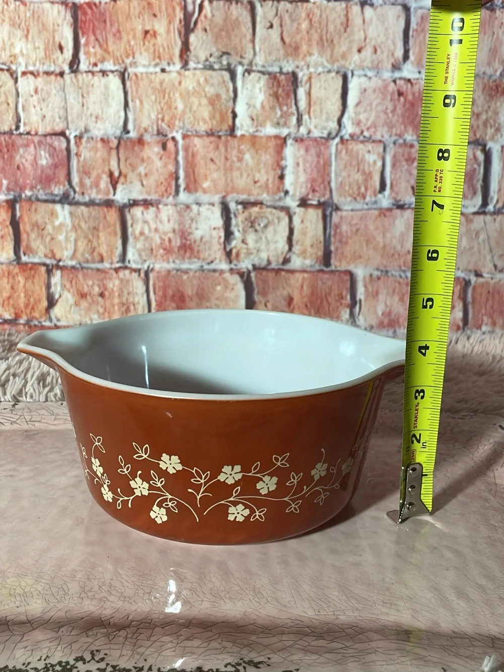 Pyrex Brown Dish with Cream Floral Vine Pattern